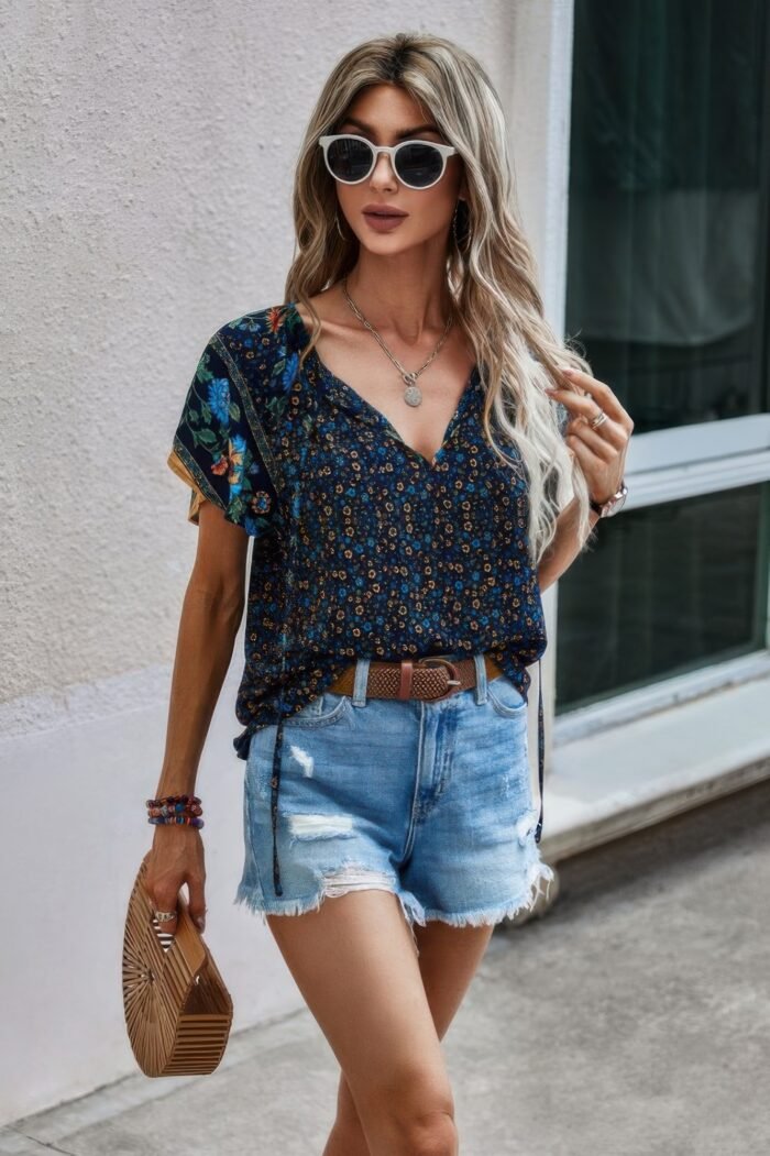 Floral Boho Ruffle V Neck Short Sleeve Loose Shirt - Image 5