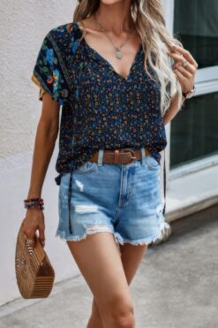 Floral Boho Ruffle V Neck Short Sleeve Loose Shirt