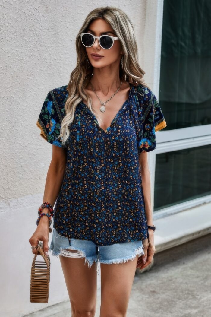 Floral Boho Ruffle V Neck Short Sleeve Loose Shirt - Image 8