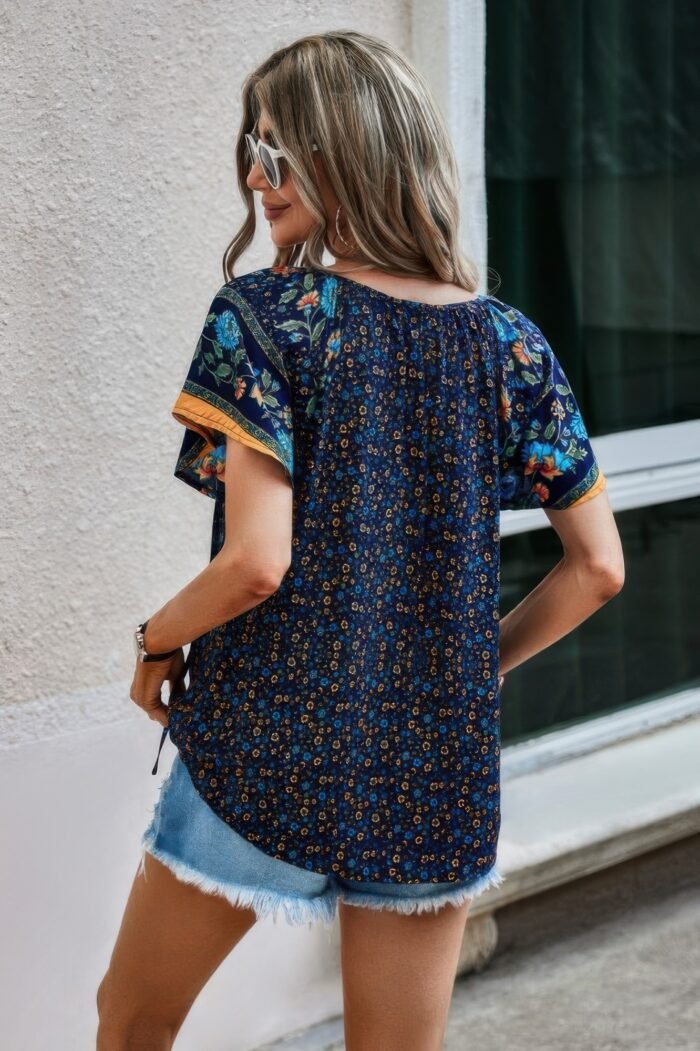 Floral Boho Ruffle V Neck Short Sleeve Loose Shirt - Image 9