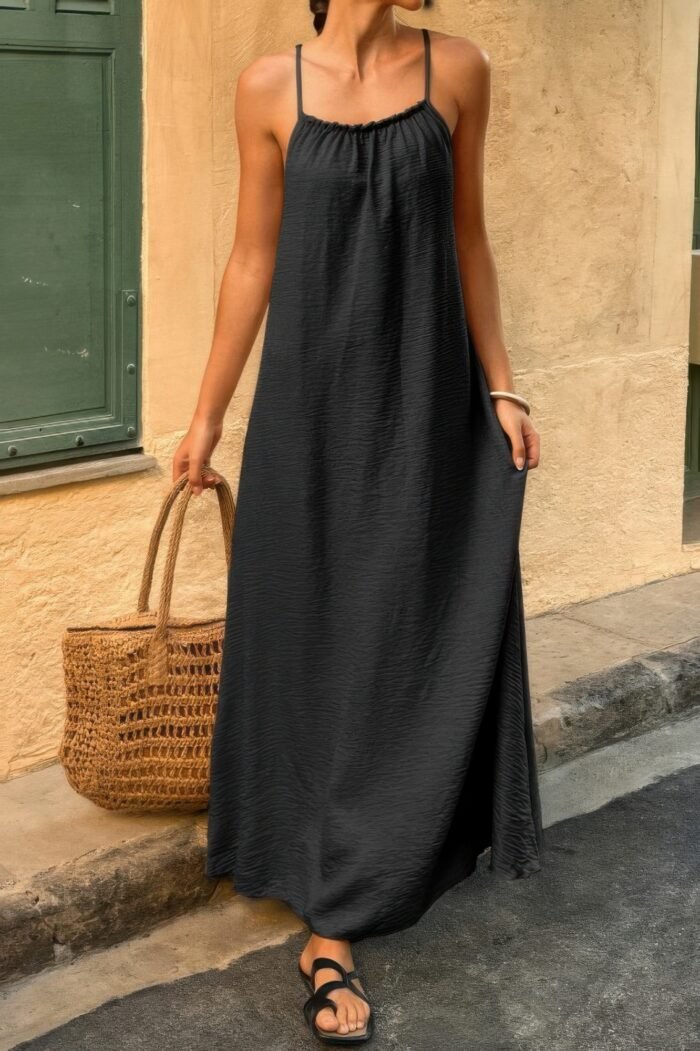 Solid Sleeveless Strap Elastic Neck Midi Loose Dress - Image 1