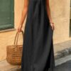 Solid Sleeveless Strap Elastic Neck Midi Loose Dress