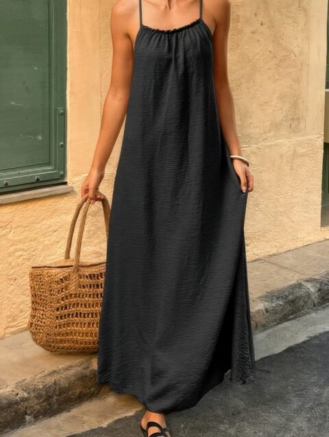 Solid Sleeveless Strap Elastic Neck Midi Loose Dress