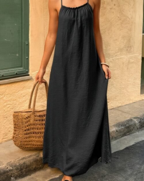 Solid Sleeveless Strap Elastic Neck Midi Loose Dress