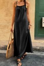 Solid Sleeveless Strap Elastic Neck Midi Loose Dress