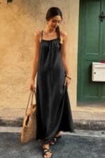 Solid Sleeveless Strap Elastic Neck Midi Loose Dress