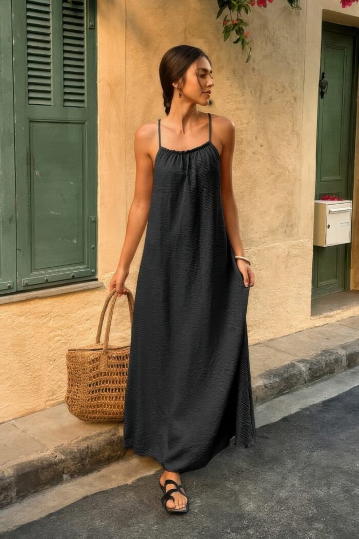 Solid Sleeveless Strap Elastic Neck Midi Loose Dress - Image 4
