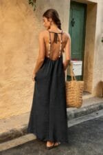 Solid Sleeveless Strap Elastic Neck Midi Loose Dress