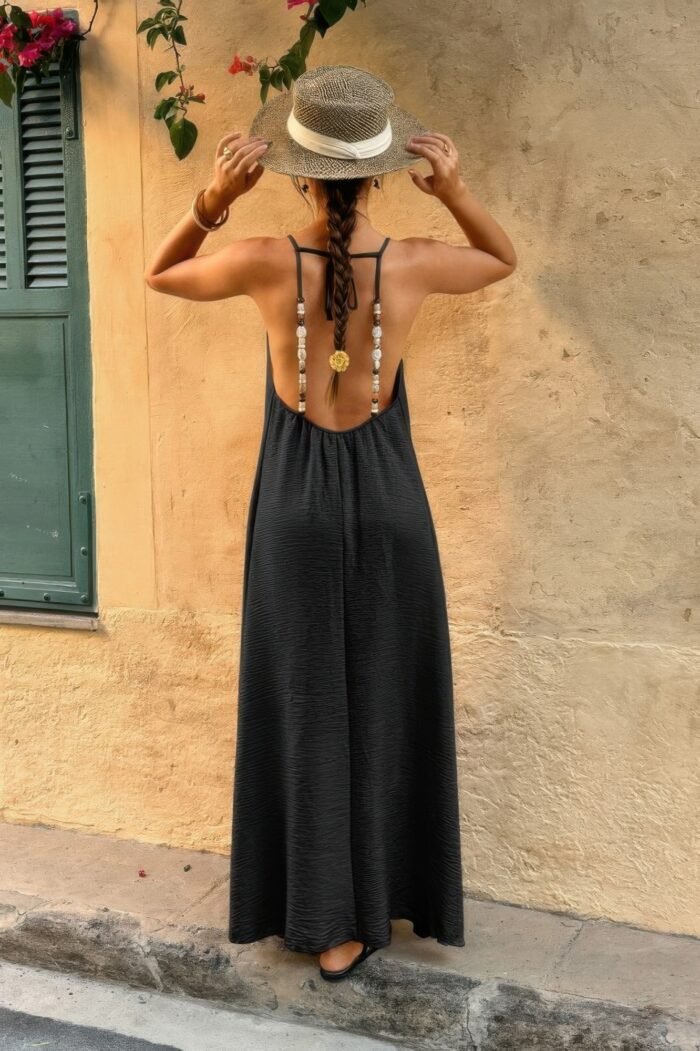 Solid Sleeveless Strap Elastic Neck Midi Loose Dress - Image 6