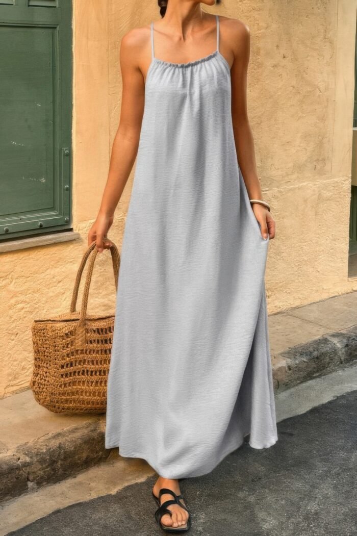 Solid Sleeveless Strap Elastic Neck Midi Loose Dress - Image 7