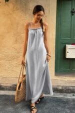 Solid Sleeveless Strap Elastic Neck Midi Loose Dress