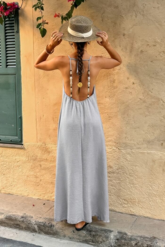 Solid Sleeveless Strap Elastic Neck Midi Loose Dress - Image 12
