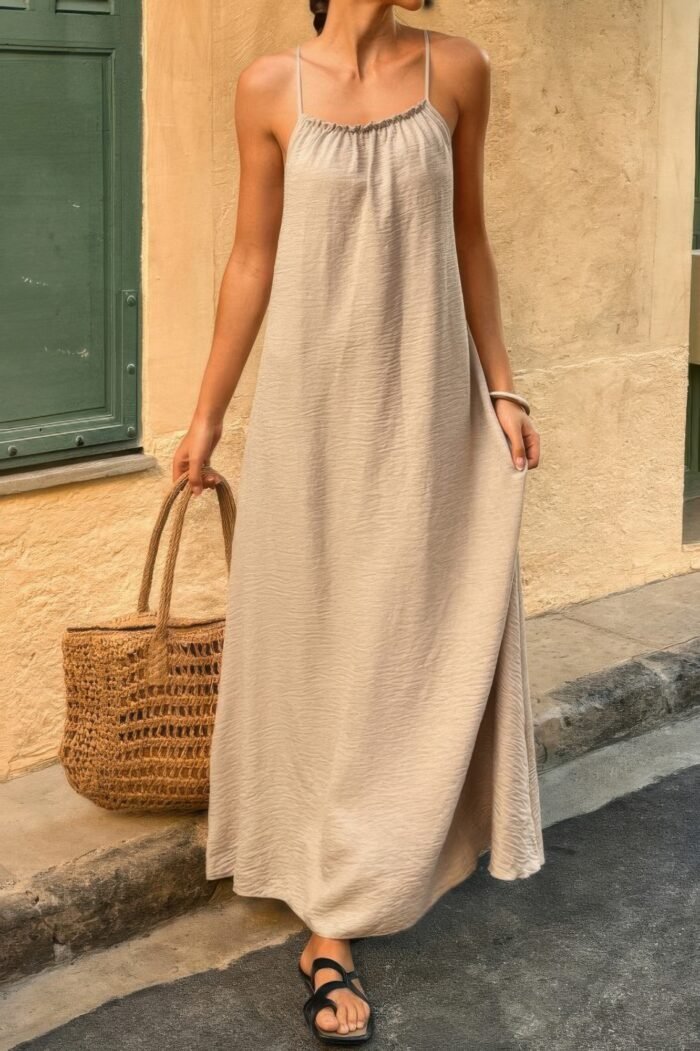 Solid Sleeveless Strap Elastic Neck Midi Loose Dress - Image 13