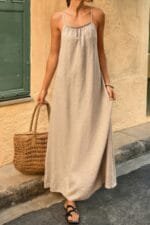 Solid Sleeveless Strap Elastic Neck Midi Loose Dress