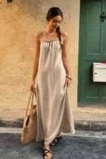 Solid Sleeveless Strap Elastic Neck Midi Loose Dress
