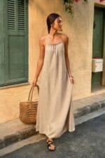 Solid Sleeveless Strap Elastic Neck Midi Loose Dress