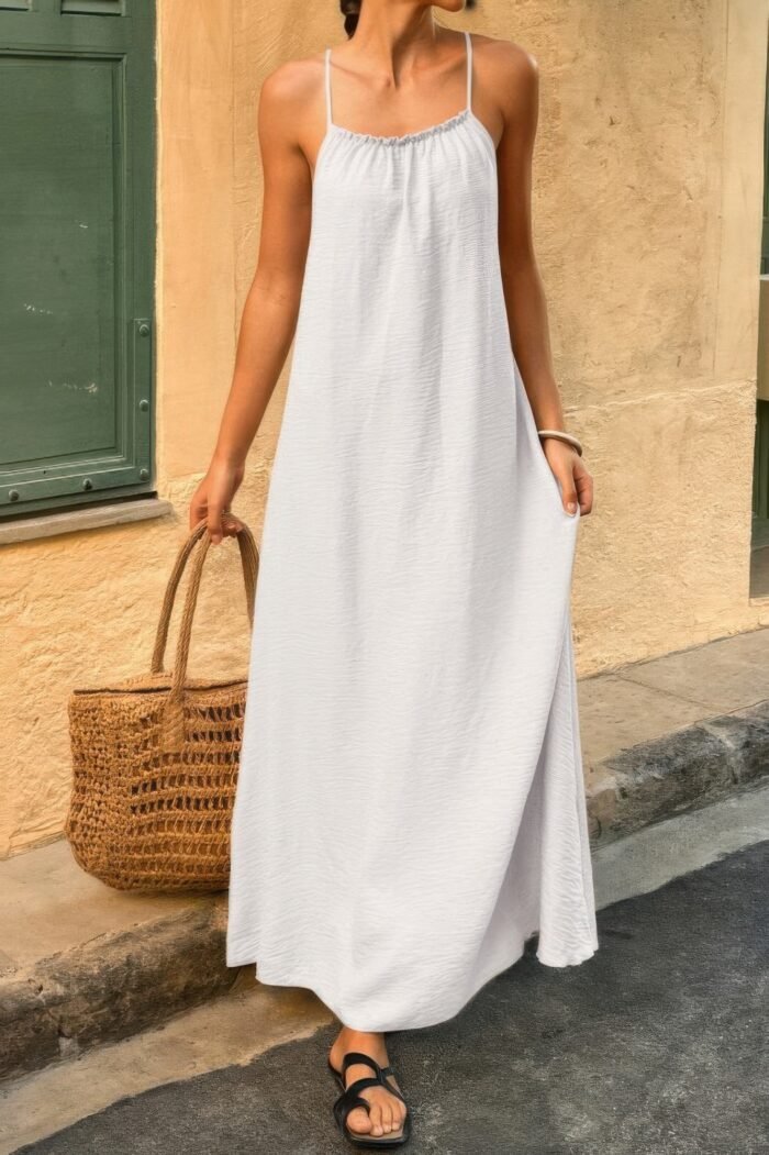 Solid Sleeveless Strap Elastic Neck Midi Loose Dress - Image 18