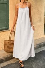 Solid Sleeveless Strap Elastic Neck Midi Loose Dress