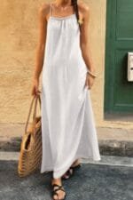 Solid Sleeveless Strap Elastic Neck Midi Loose Dress