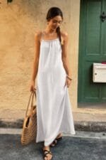 Solid Sleeveless Strap Elastic Neck Midi Loose Dress