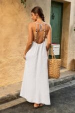 Solid Sleeveless Strap Elastic Neck Midi Loose Dress