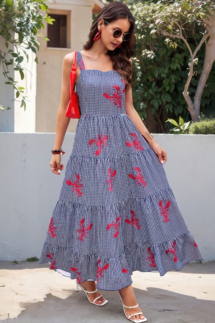 Plaid Lobster Print A Line Ruched Dress - Image 1
