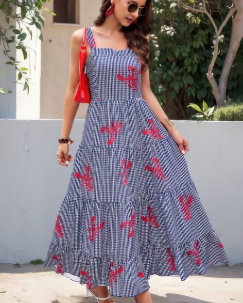 Plaid Lobster Print A Line Ruched Dress