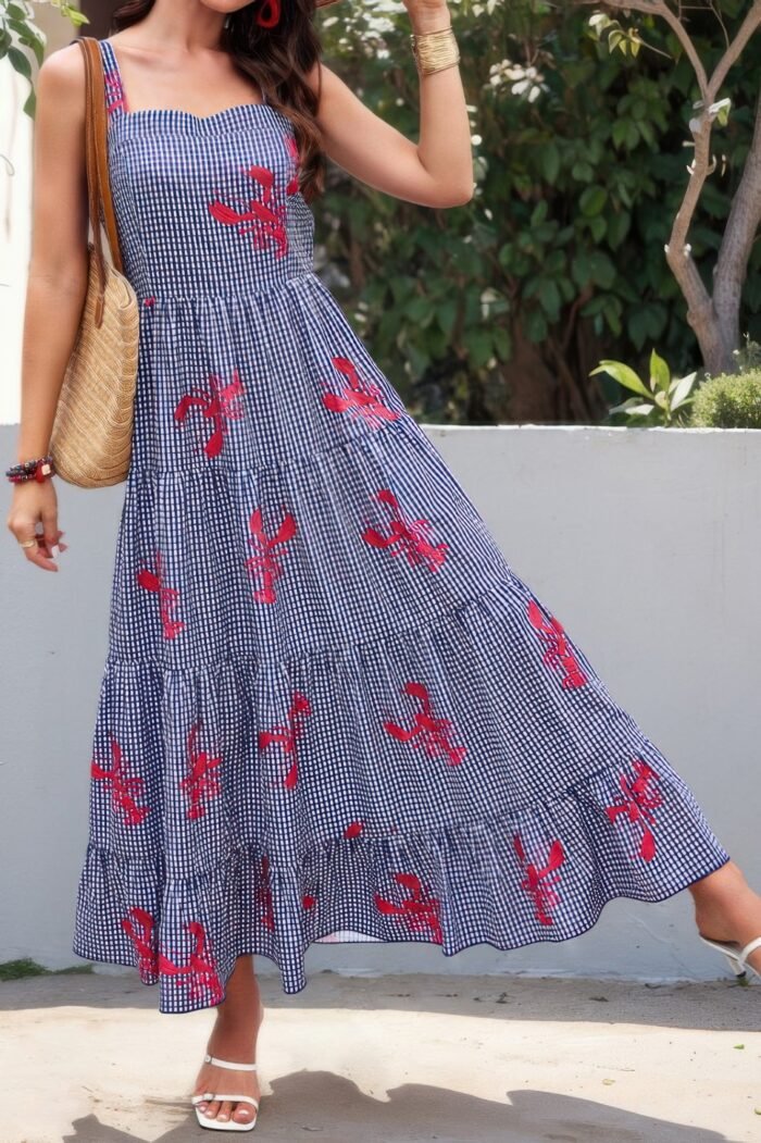 Plaid Lobster Print A Line Ruched Dress - Image 2