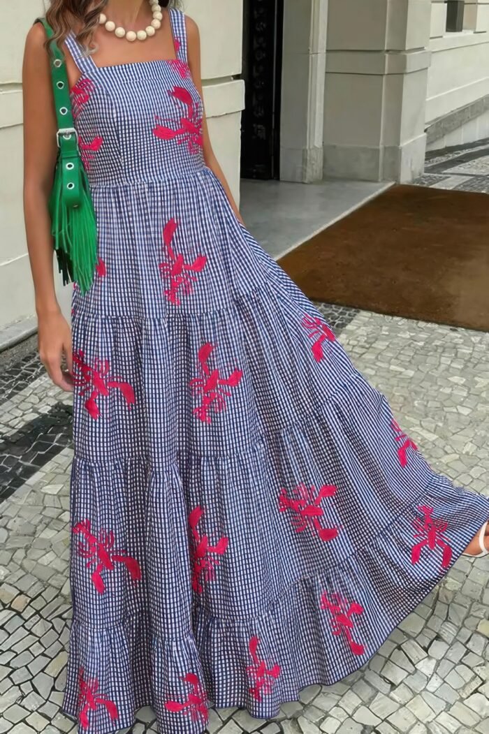 Plaid Lobster Print A Line Ruched Dress - Image 3