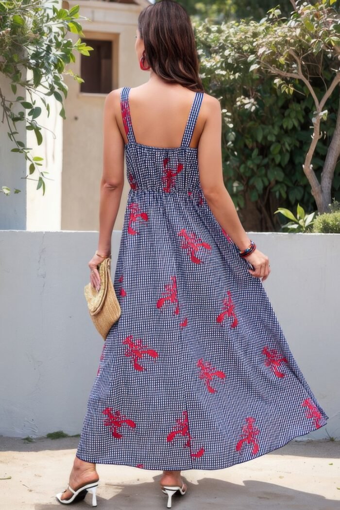 Plaid Lobster Print A Line Ruched Dress - Image 4