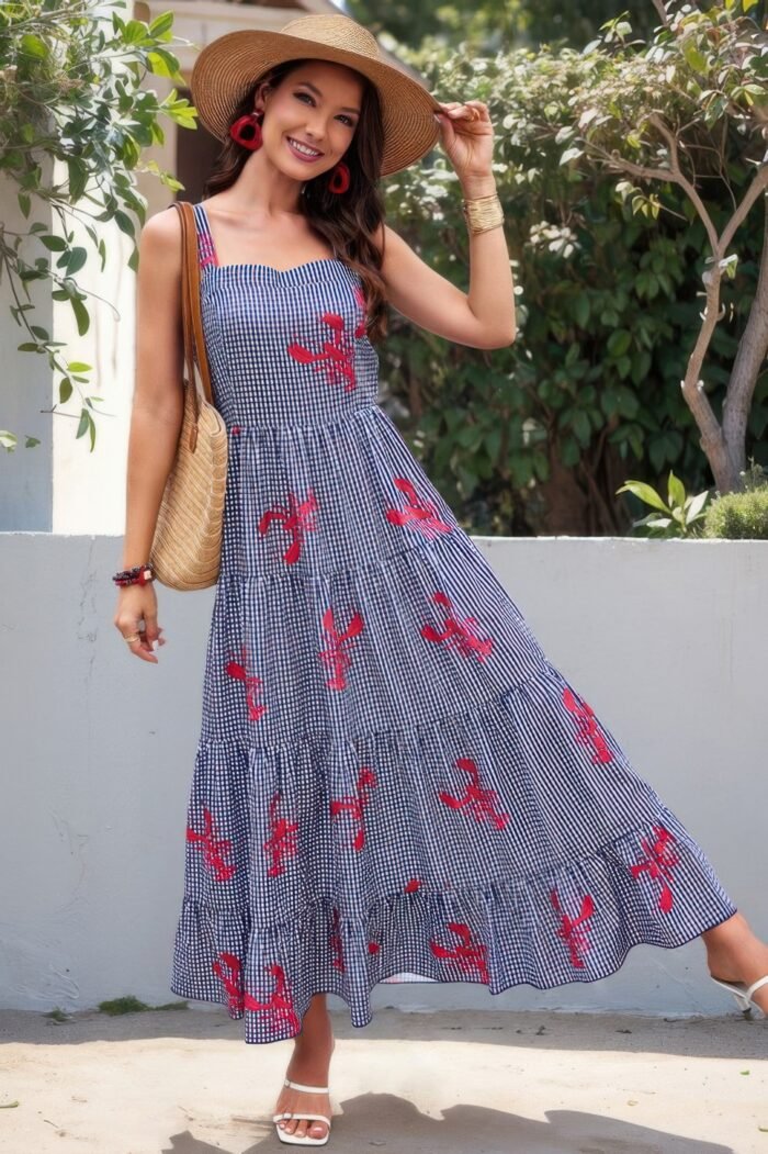 Plaid Lobster Print A Line Ruched Dress - Image 5