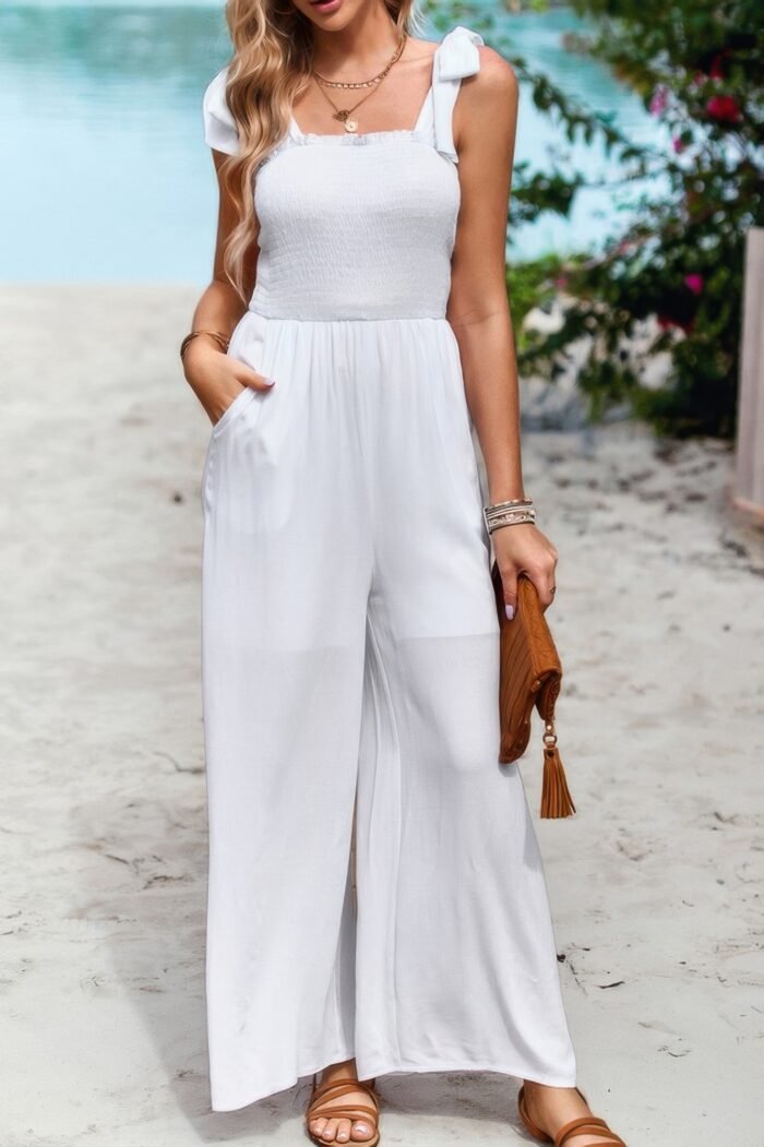 Knot Soild Ruched High Waist Pockets Jumpsuit - Image 1