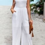 Knot Soild Ruched High Waist Pockets Jumpsuit