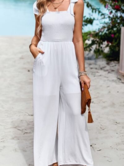 Knot Soild Ruched High Waist Pockets Jumpsuit