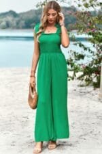 Knot Soild Ruched High Waist Pockets Jumpsuit