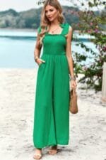Knot Soild Ruched High Waist Pockets Jumpsuit