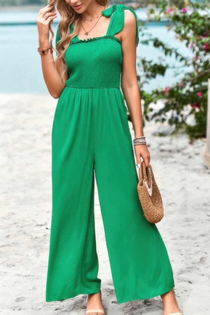 Knot Soild Ruched High Waist Pockets Jumpsuit - Image 10