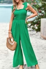 Knot Soild Ruched High Waist Pockets Jumpsuit