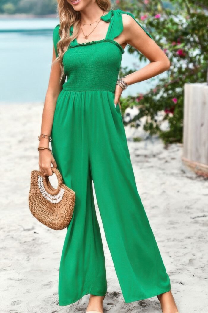 Knot Soild Ruched High Waist Pockets Jumpsuit - Image 11