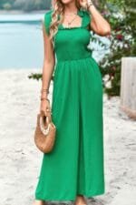 Knot Soild Ruched High Waist Pockets Jumpsuit