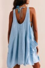 Solid A Line Pockets Low Back Knot Midi Dress