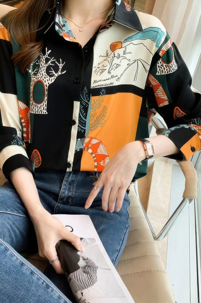 Chain Print Drop Shoulder Loose Fit Blouse - Image 9
