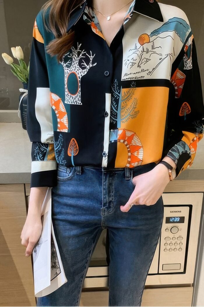 Chain Print Drop Shoulder Loose Fit Blouse - Image 10