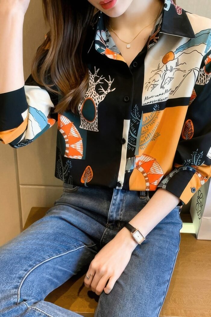 Chain Print Drop Shoulder Loose Fit Blouse - Image 12