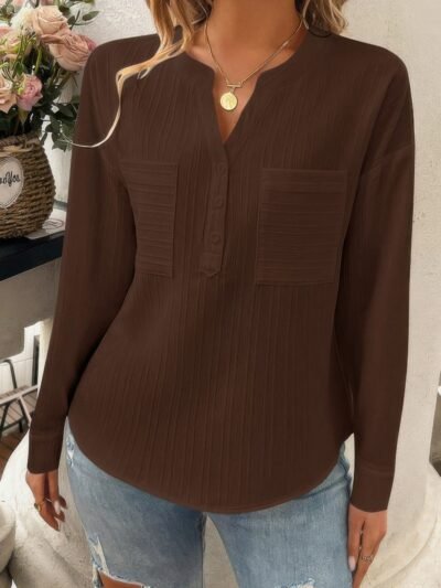 Pleated V Neck Pockets Button Drop Shoulder Blouse Pleated V Neck Pockets Button Drop Shoulder Blouse