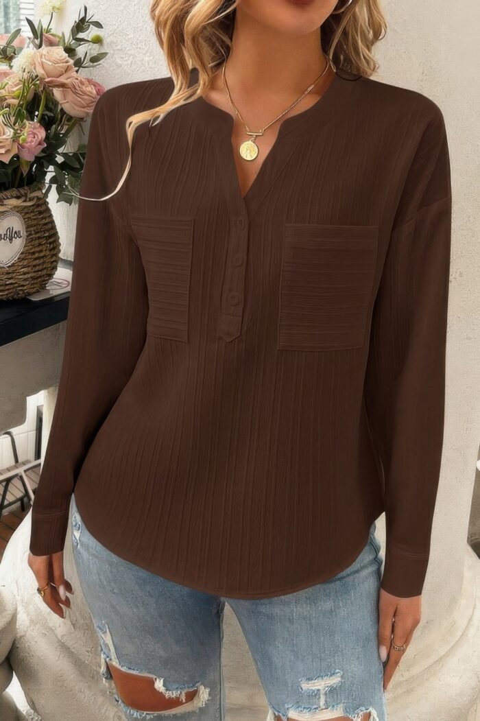 Pleated V Neck Pockets Button Drop Shoulder Blouse - Image 2