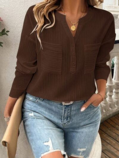 Pleated V Neck Pockets Button Drop Shoulder Blouse Pleated V Neck Pockets Button Drop Shoulder Blouse