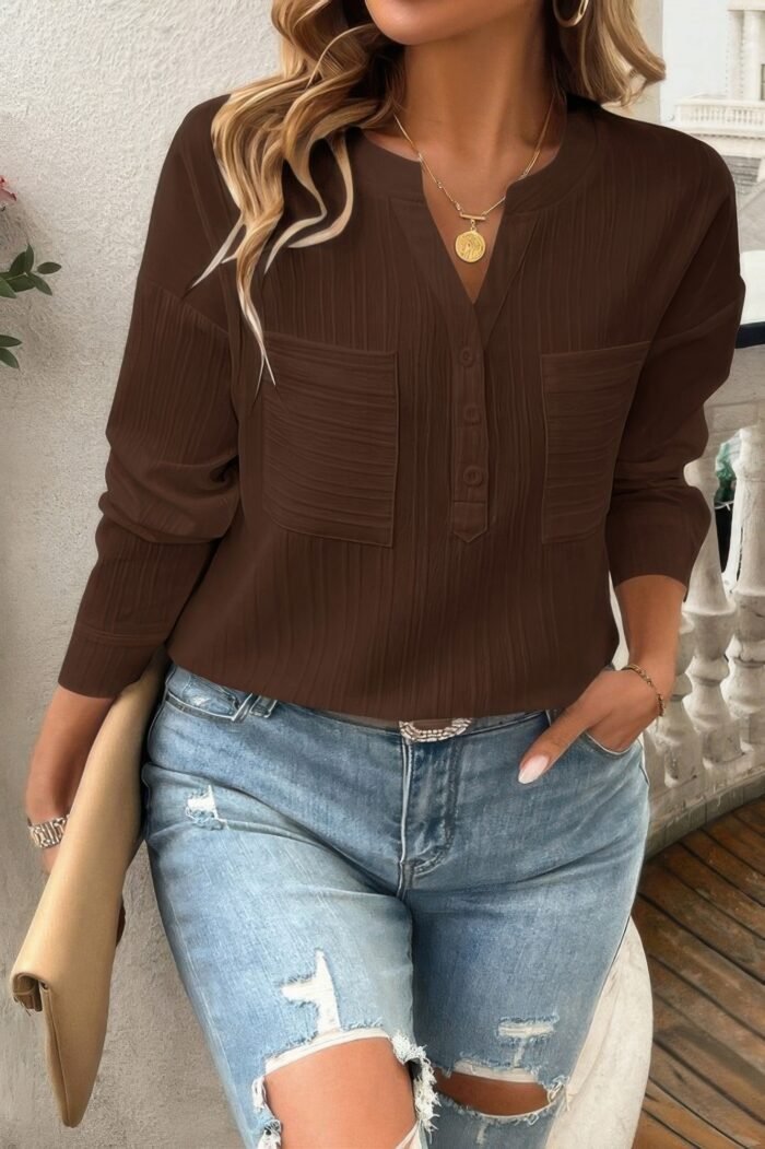Pleated V Neck Pockets Button Drop Shoulder Blouse - Image 3