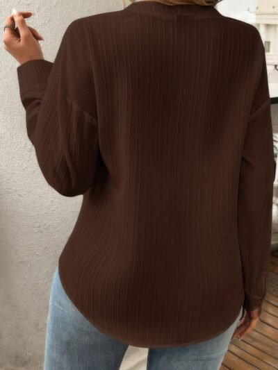 Pleated V Neck Pockets Button Drop Shoulder Blouse Pleated V Neck Pockets Button Drop Shoulder Blouse
