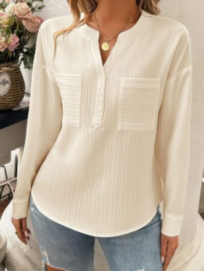 Pleated V Neck Pockets Button Drop Shoulder Blouse Pleated V Neck Pockets Button Drop Shoulder Blouse